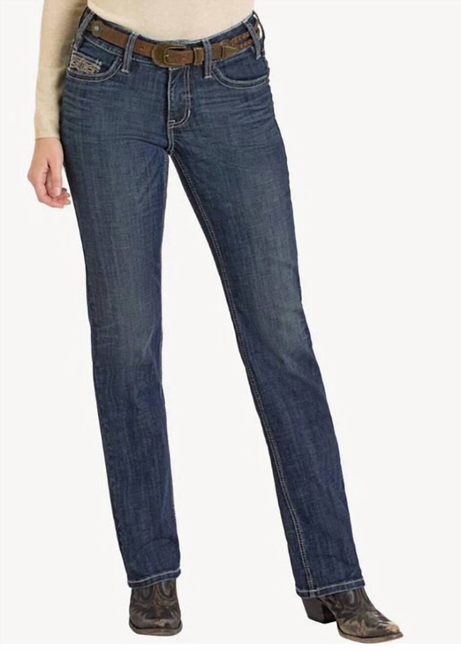 NEW ROCK & ROLL DENIM cowgirl mid-rise modest boot cut jeans in dark blue
